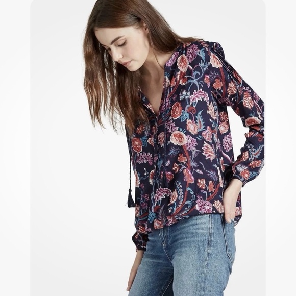 Lucky Brand Floral Blouse L Boho Navy Pullover Long Sleeve Pleated - Picture 3 of 10